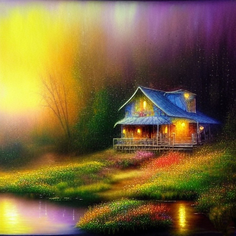 Glowing cabin on lake