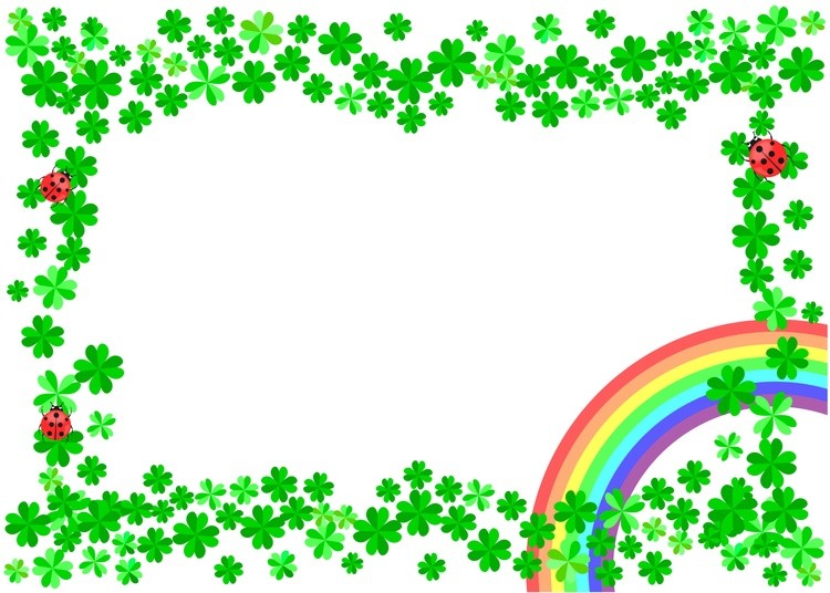 Four leaf clover frame with rainbow and three ladybugs