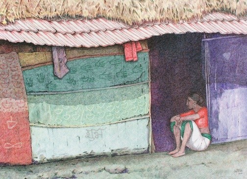 Woman and hut