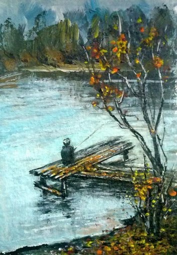  Fishing ACEO Original painting