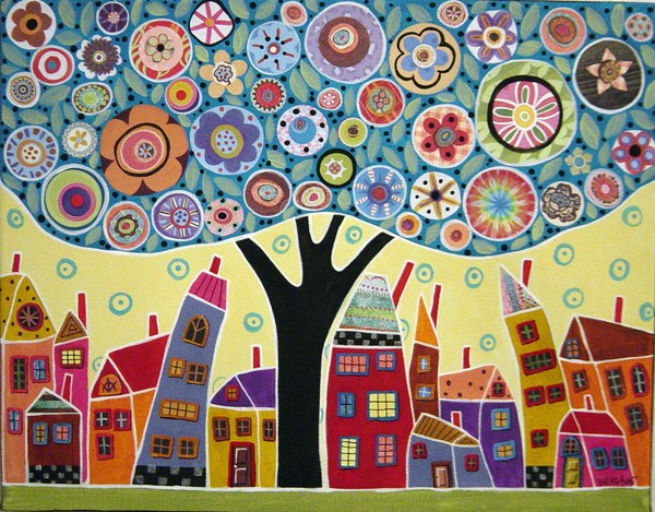 Mixed Media Tree and Houses Painting