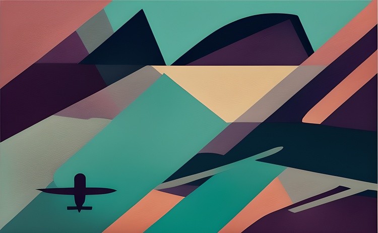 Abstract airplane and mountains retro minimalist painting