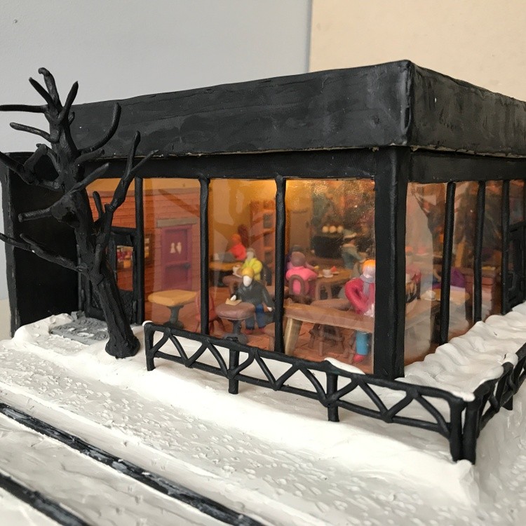 Cafe in winter, plasticine, cardboard, 35x25x14 cm