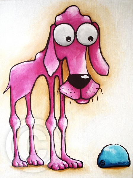 The Pink Dog - standing over his Ball