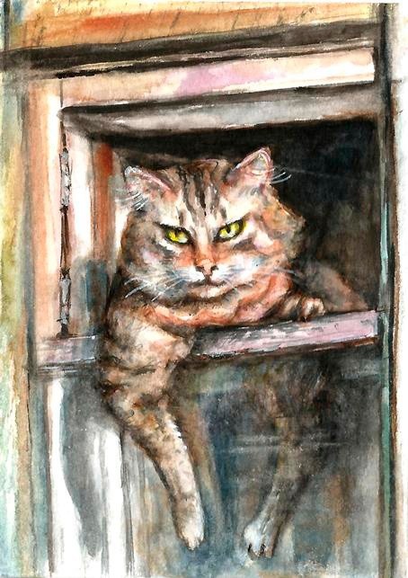 Ginger cat  in Window watercolor