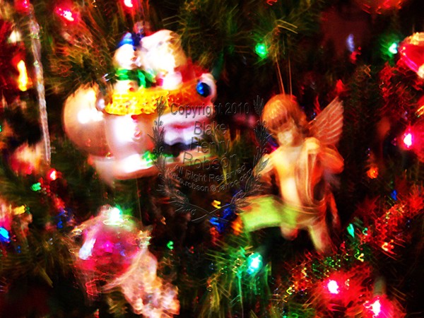 Christmas tree, ornaments, tinsel & colorful light