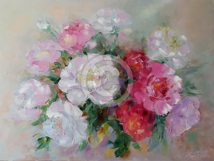 painting *Gentle peonies*oil on canvas 80x60 cm