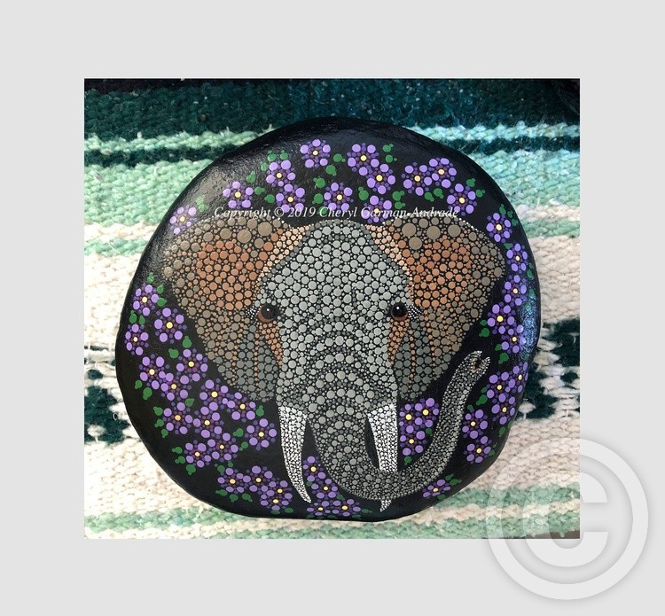 Morning Glory Elephant Dot Art River Stone 