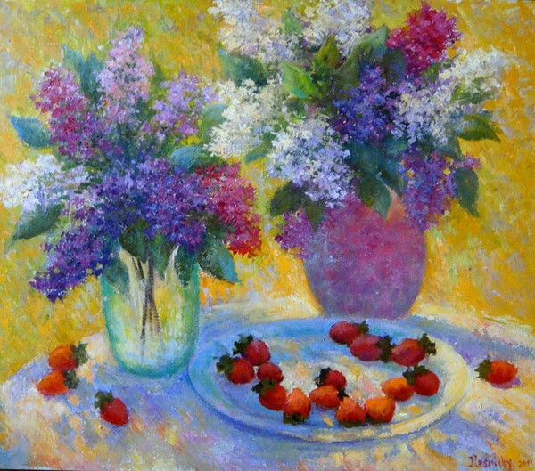 Still life with lilacs and strawberries
