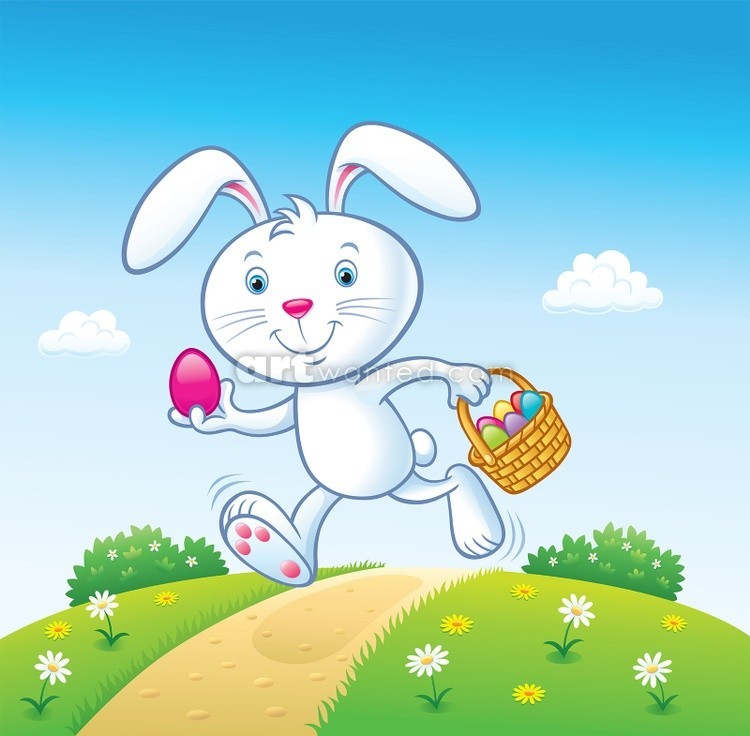 Cute Bunny Rabbit Running With Easter Basket