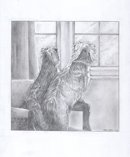 Two dogs looking out a window