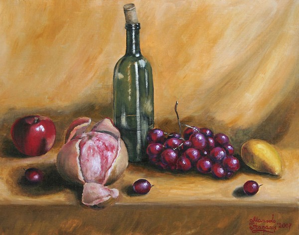 Still-Life with grapes and grapefruit.