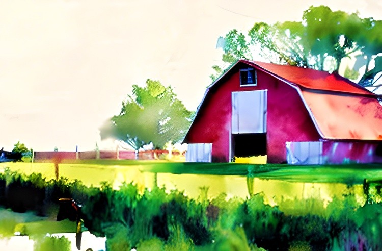 Watercolor red barn farm