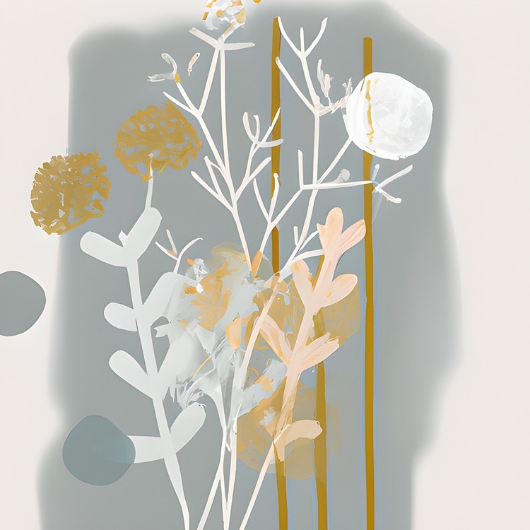 Soft gray and gold abstract botanical