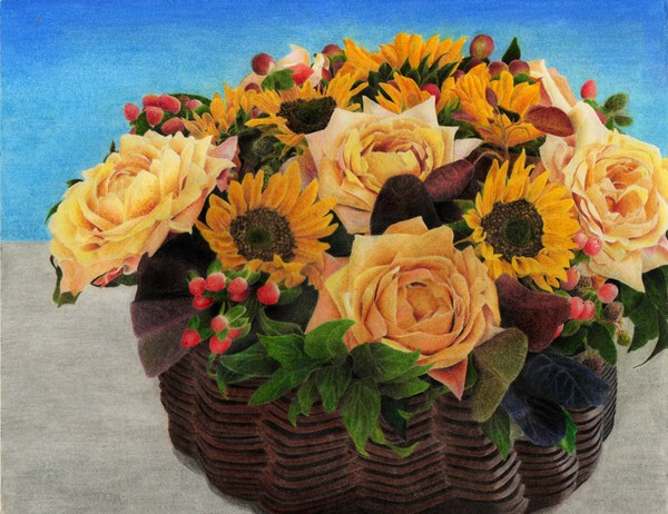 Centerpiece of Roses, Sunflowers, and Berries