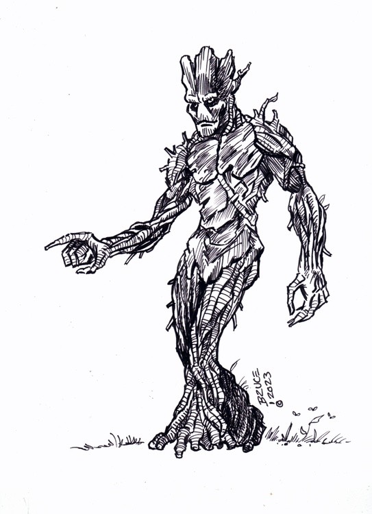 Adult Groot in black and white