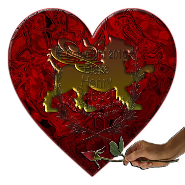Heart winged lion man holding single rose