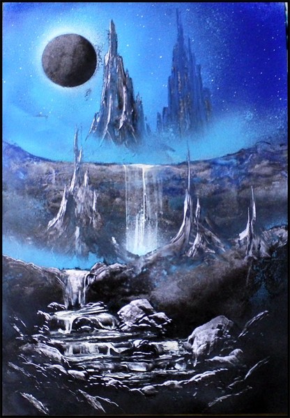 Blue moon, tall mountains and waterfalls