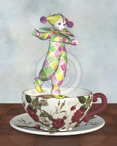 Pierrot Clown Doll Balancing on a Tea Cup