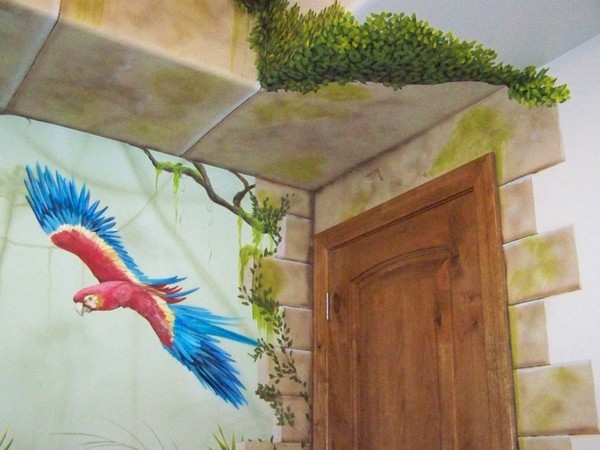 Macaw in flight jungle mural