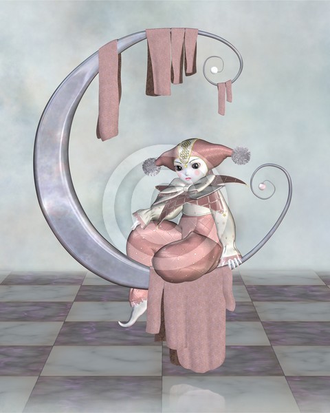 Pink Pierrot Clown Doll on a Silver Moon