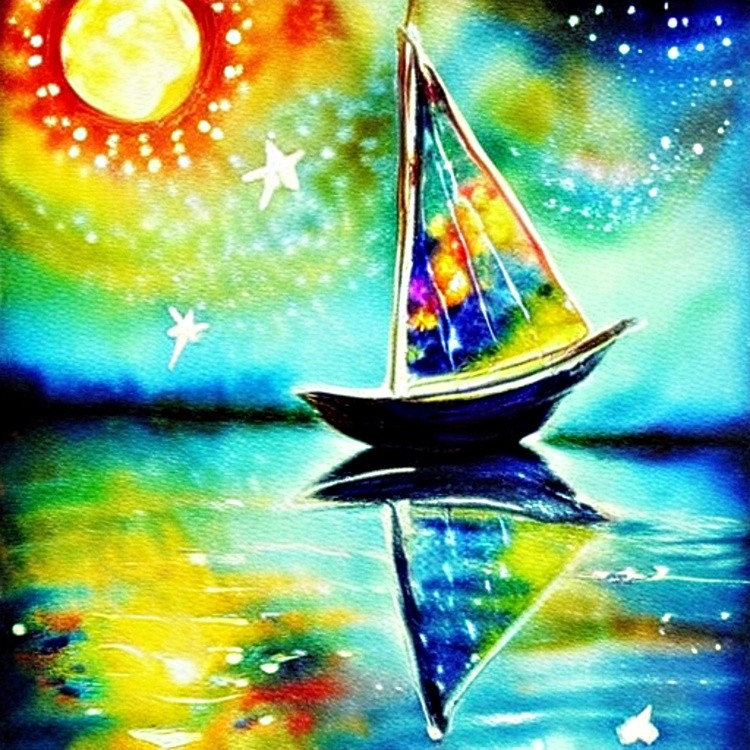 Colorful sailboat ink and water art