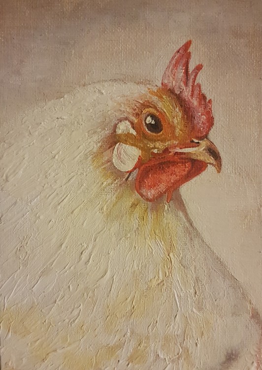 Chicken in acrylics, A5 canvas board, Karlina Bacchus 2019