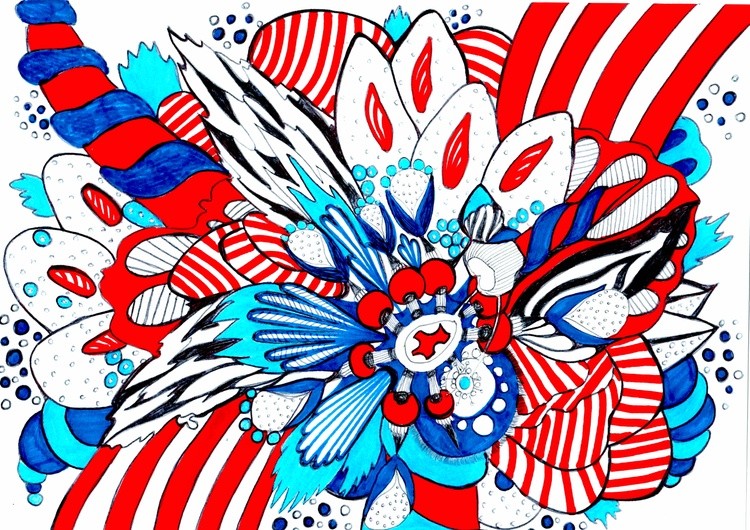 610. Sweet blue and scarlet abstract flower candy, drawing on paper