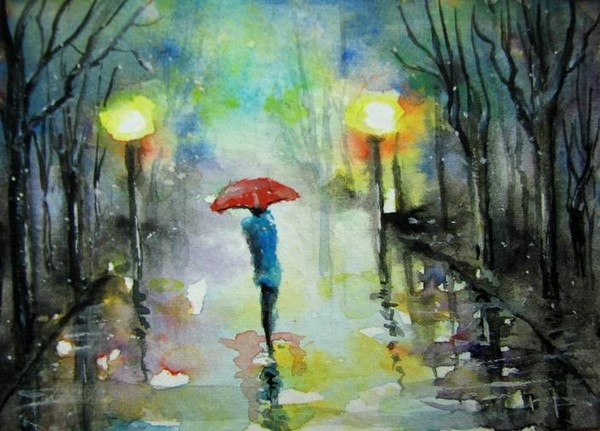 Rain umbrellas fantasy aceo painting