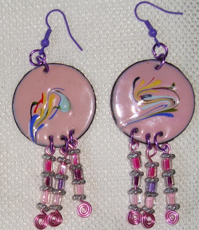 pink copper enamel earrings 1 1 4 in SOLD