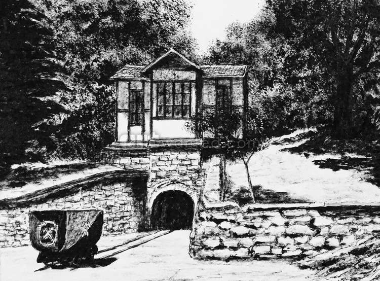 Old Senj Mine in Serbia. Black and white ink drawing