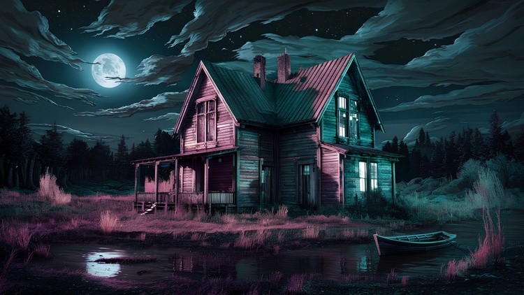 Mysterious old house under moonlit night sky