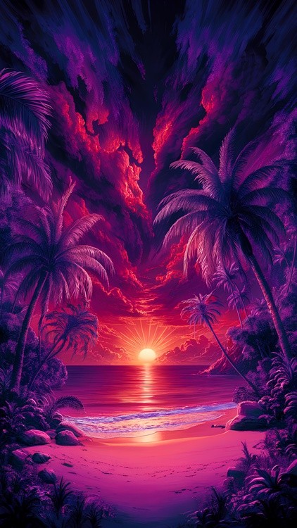 A stunning, high-resolution tropical sunset beach scene with a vibrant purple color theme