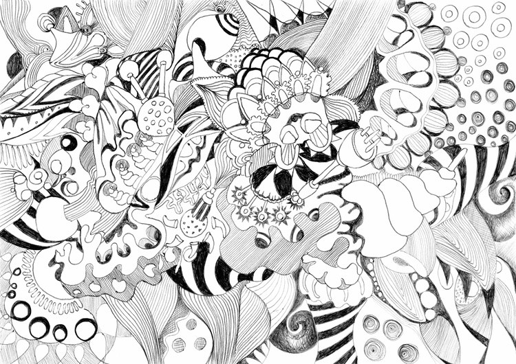 608. Black and white detailed doodles pen drawing