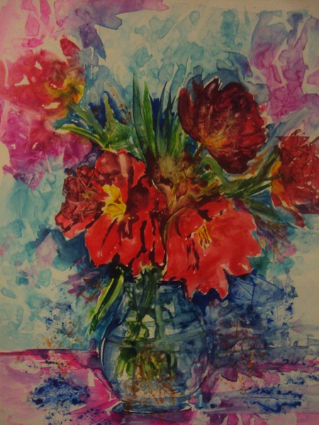 Original art Watercolor Painting Flowers on Vase 