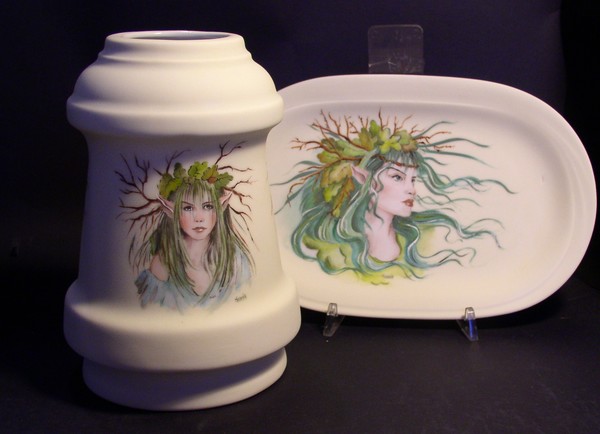 lamp and porcelain plate hand painted with fairies