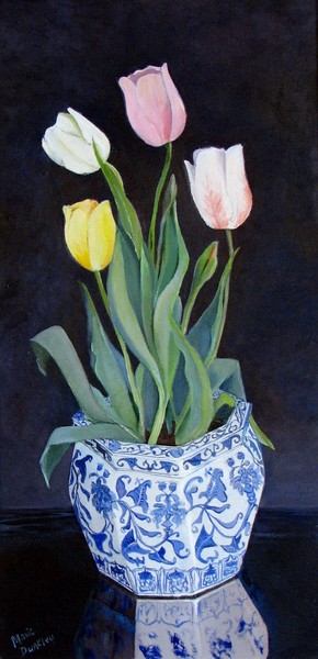 Tulips in a Chinese plant pot