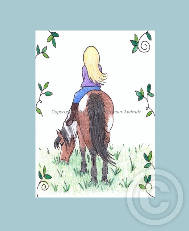 Blonde Girl on Pinto Pony ACEO