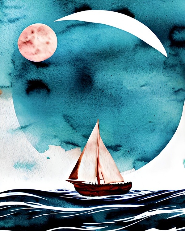 Watercolor sailboat and moon
