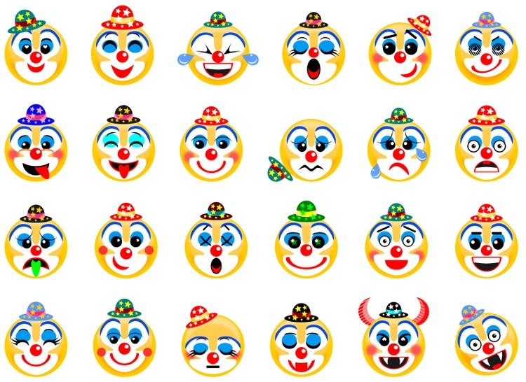Set of 24 clown emoticons in different moods