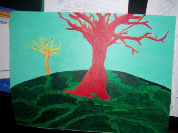 trees yellow red and green oil on canvas paper