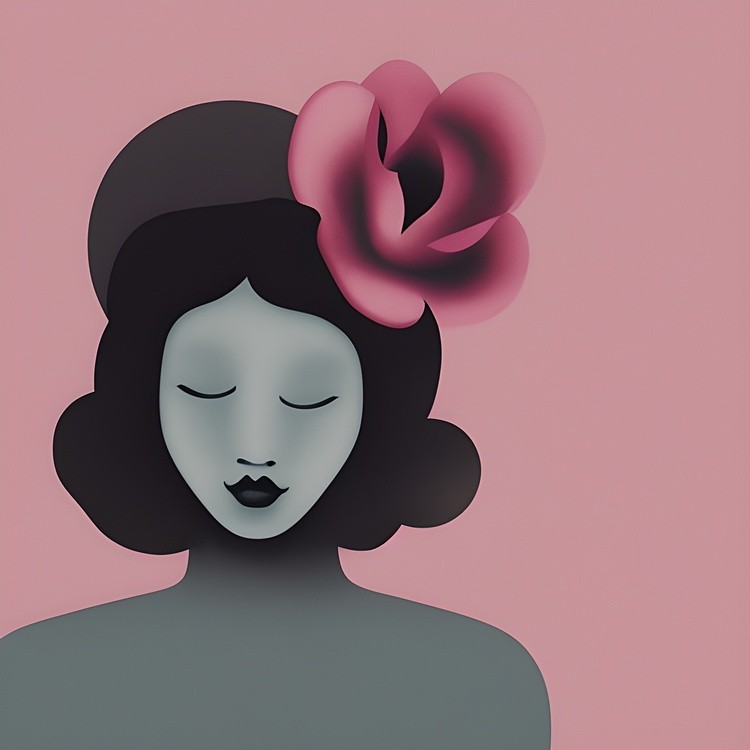 Woman with floral hat pink and gray minimalist painting
