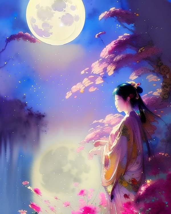 Watercolor Japanese woman and pink blossoms in moonlight