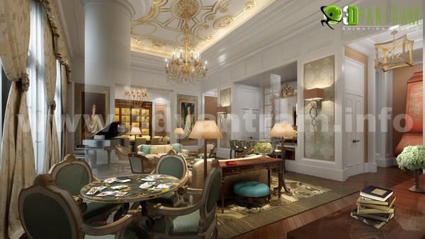 3D Classic Living Room Interior Rendering Beijing 