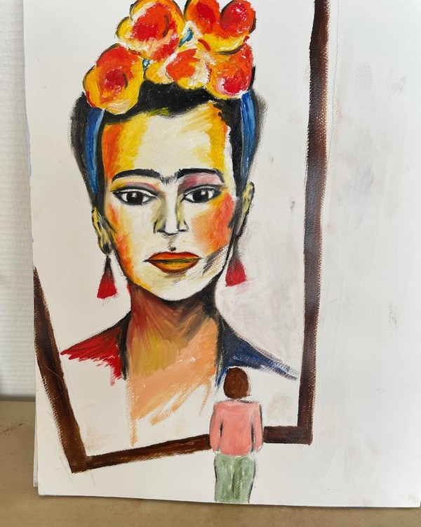 15082021 - Eerste ontmoeting met Frida - Olieverf op papier 2021 - A3 formaat - Fridas face is not m