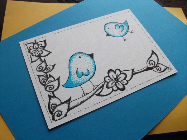 Original Ink Drawing, Blue Dotty Birds