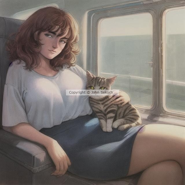 Girl with cat on a train