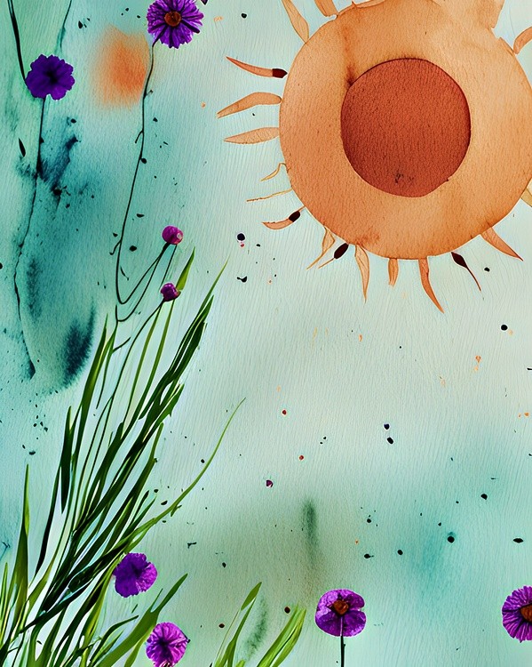 Watercolor sunshine and purple flowers