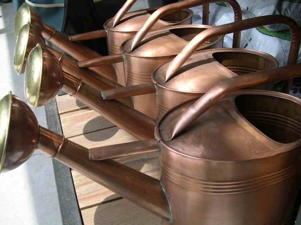 Copper Watering Cans in a Row