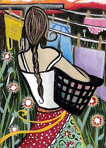 ACEO*mini painting*LAUNDRY*Domestic Goddess*TEARDR